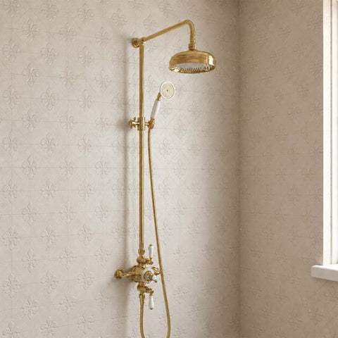 Polished Gold Traditional Exposed 2 Way Thermostatic Valve with Shower Riser, Fixed Shower Head and Kit