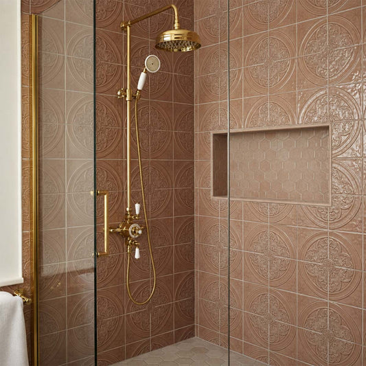 Polished Gold Traditional Thermostatic Valve with Shower Riser, Fixed Shower Head and Kit