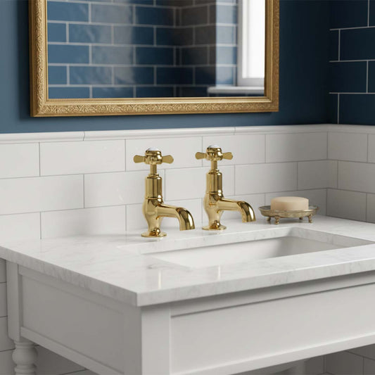 Traditional Basin Pillar Taps Pinch Handles - Shiny Gold