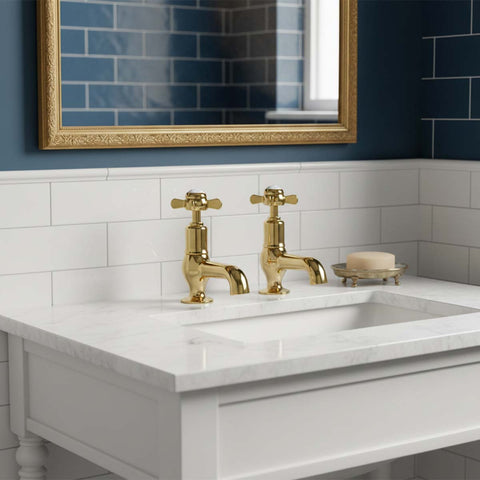 Traditional Basin Pillar Taps Pinch Handles - Shiny Gold