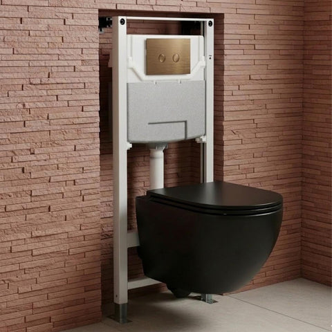 1.2m Wall Hung WC Frame with Cistern & Wortex Matt Black Rimless Toilet with Seat & Bronze Flush Plate