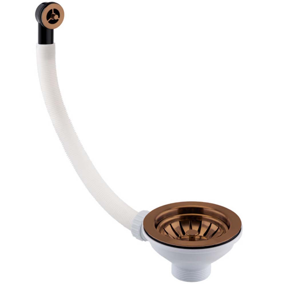 Basket Strainer Kitchen Sink Waste with Round Overflow Pipe and Cover 115mm - Copper
