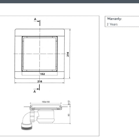 Shower waste 150 x 150mm brushed gold technical drawing
