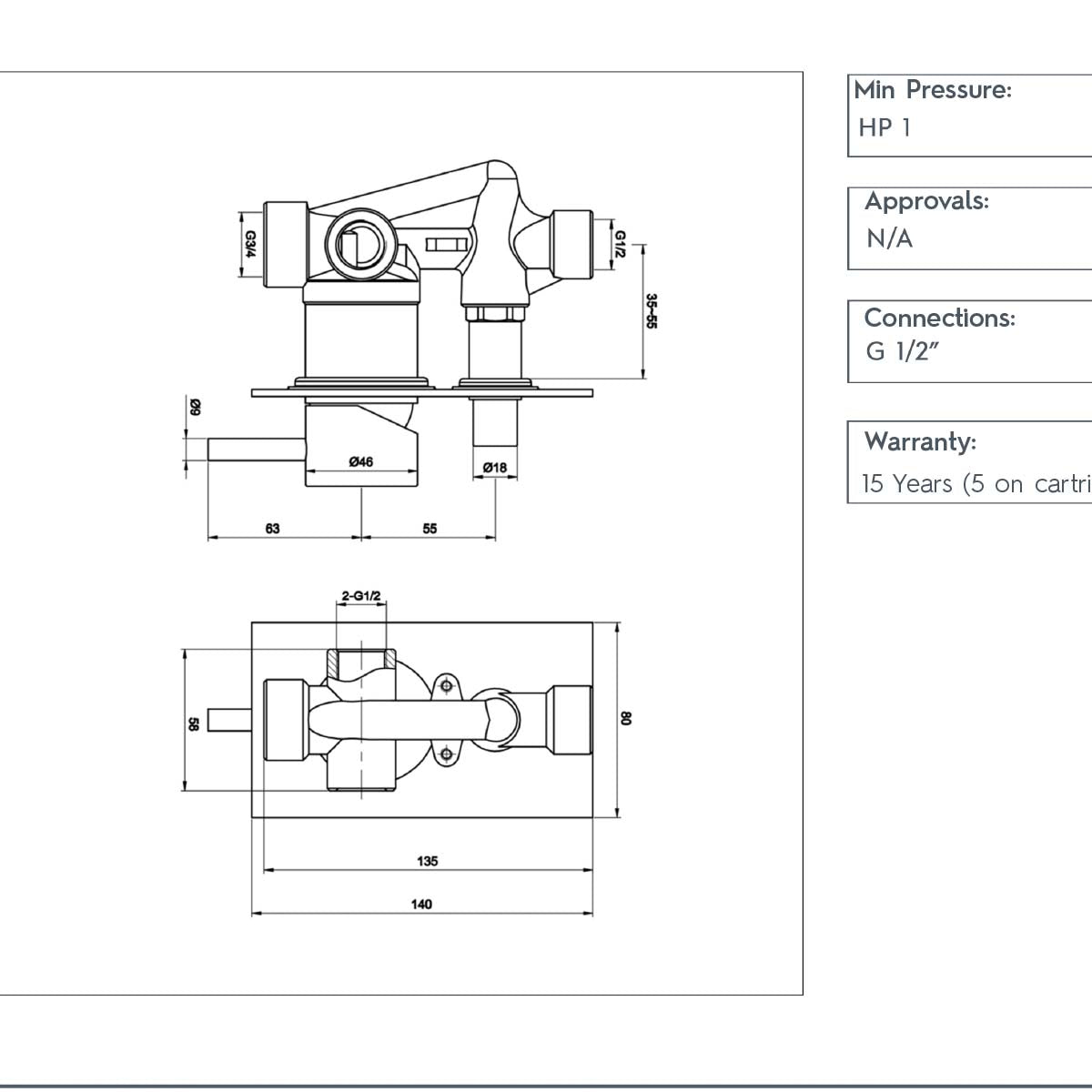 Single Lever Concealed Manual Diverter Valve - Brushed Brass technical details