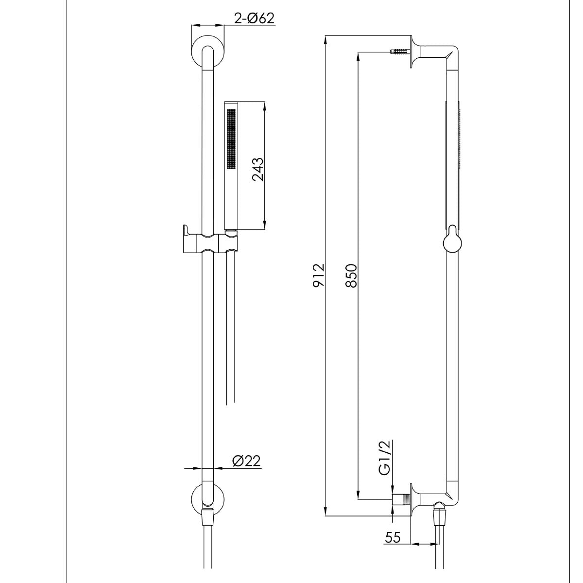 Brass Slider Rail Kit with Pencil Shower Handset