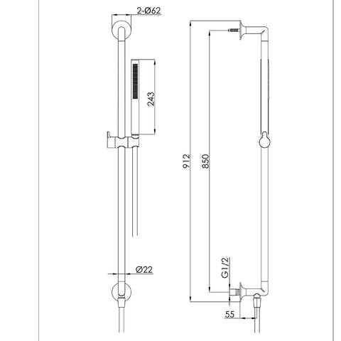 Brass Slider Rail Kit with Pencil Shower Handset