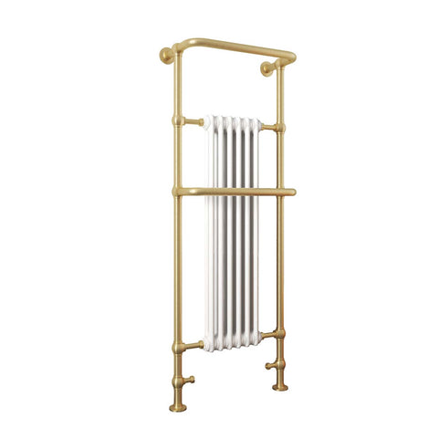 Tall Brushed Brass Victorian Style Towel Radiator with Overhanging Rails