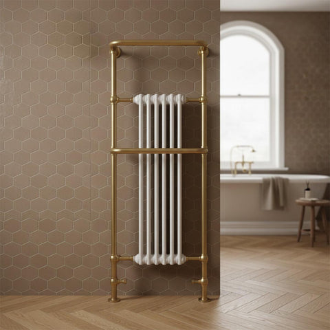Tall Victorian towel radiator dual fuel brushed brass