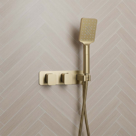 Thermostatic concealed 2 outlet shower valve with shower handset -brushed brass