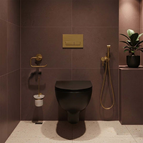 Toilet Brush with Glass Holder, Toilet Roll Holder, Hot and Cold Douche Kit - Brushed Brass