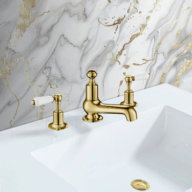 Traditional 3 Hole Basin Mixer Tap with White Lever Deck Mounted - Antique Gold

