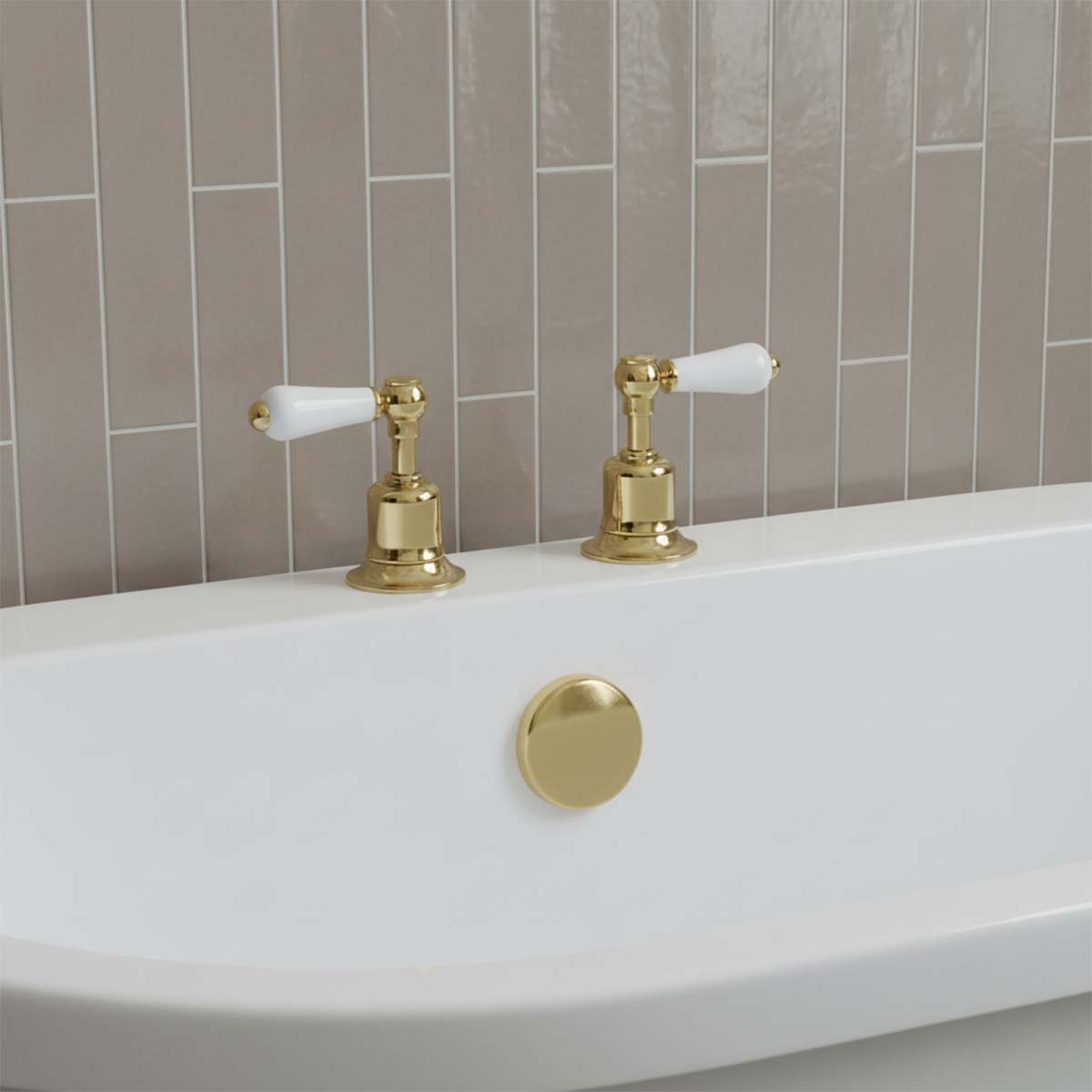 Traditional Gold Bath Valves with White Lever Handles - Deck Mounted