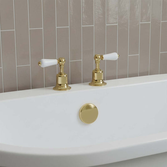 Traditional Gold Bath Valves with White Lever Handles - Deck Mounted
