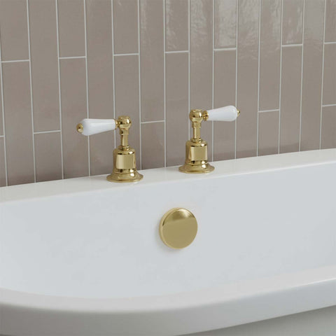 Traditional Gold Bath Valves with White Lever Handles - Deck Mounted