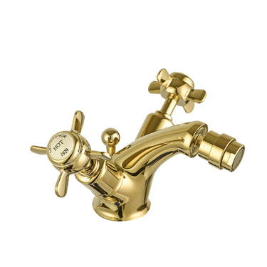 Traditional Brushed Brass Bidet Tap with Cross Handles and Pop up Waste

