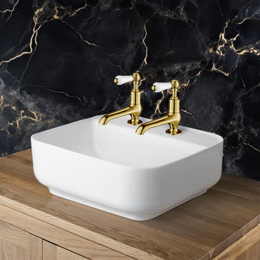 Gold Traditional Deck Mounted Long Nose Basin Pillar Taps with Lever Handles