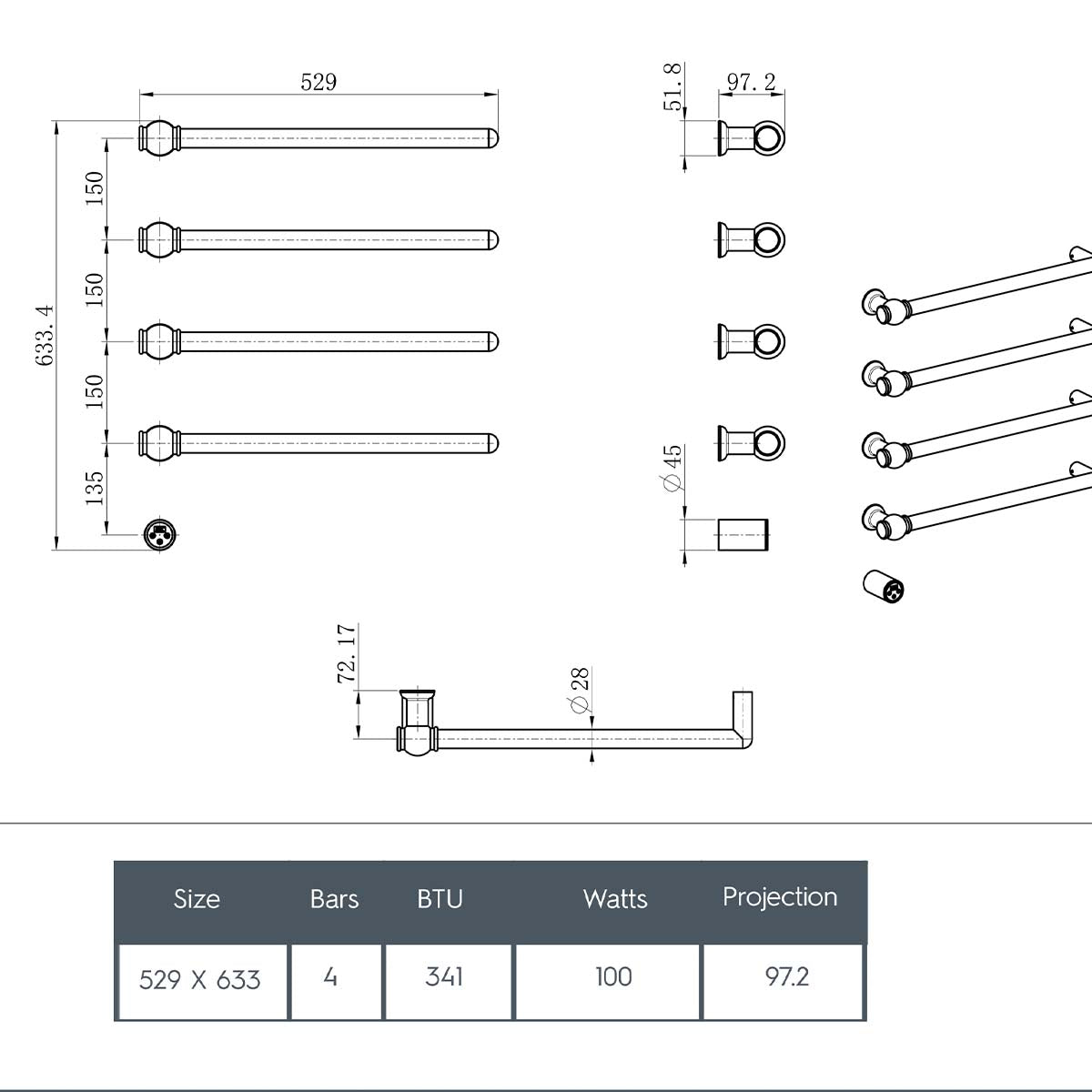 Traditional Electric Towel Radiator - technical detail 