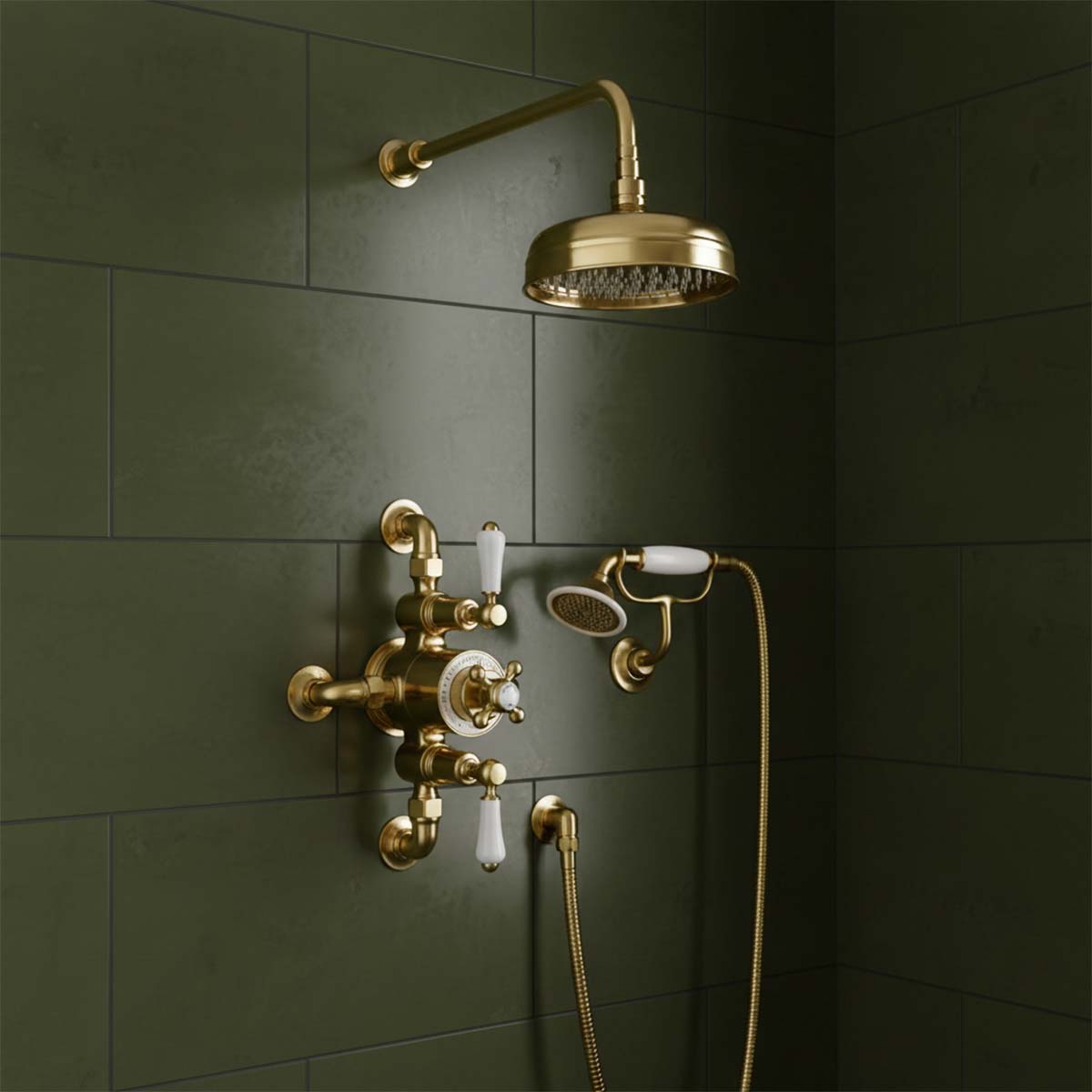 Traditional Exposed Thermostatic Valve with 2 Outlets – Brushed Brass