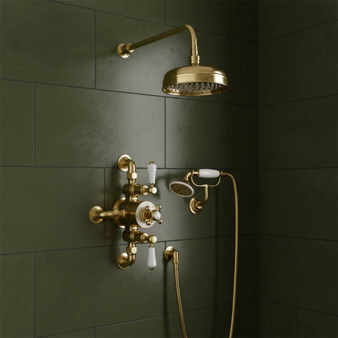 Traditional Exposed Thermostatic Valve with 2 Outlets – Brushed Brass