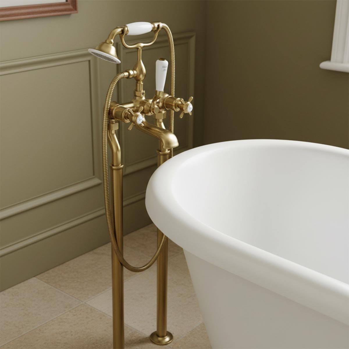 Traditional Free Standing Bath Shower Mixer Tap with Pinch Handles - Gold