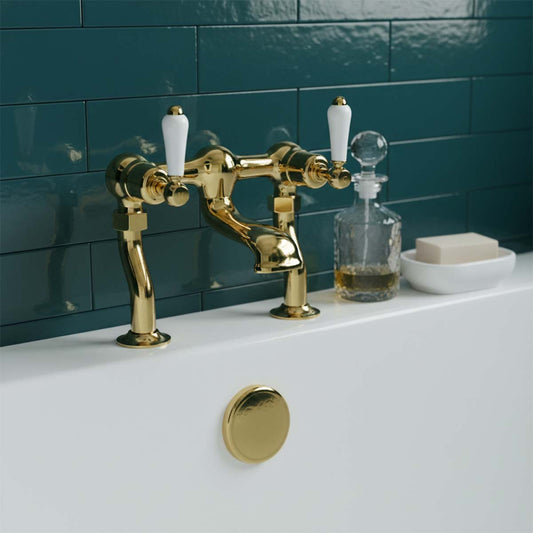 Traditional Two Hole Bath Filler Tap White Lever Handles - Gold