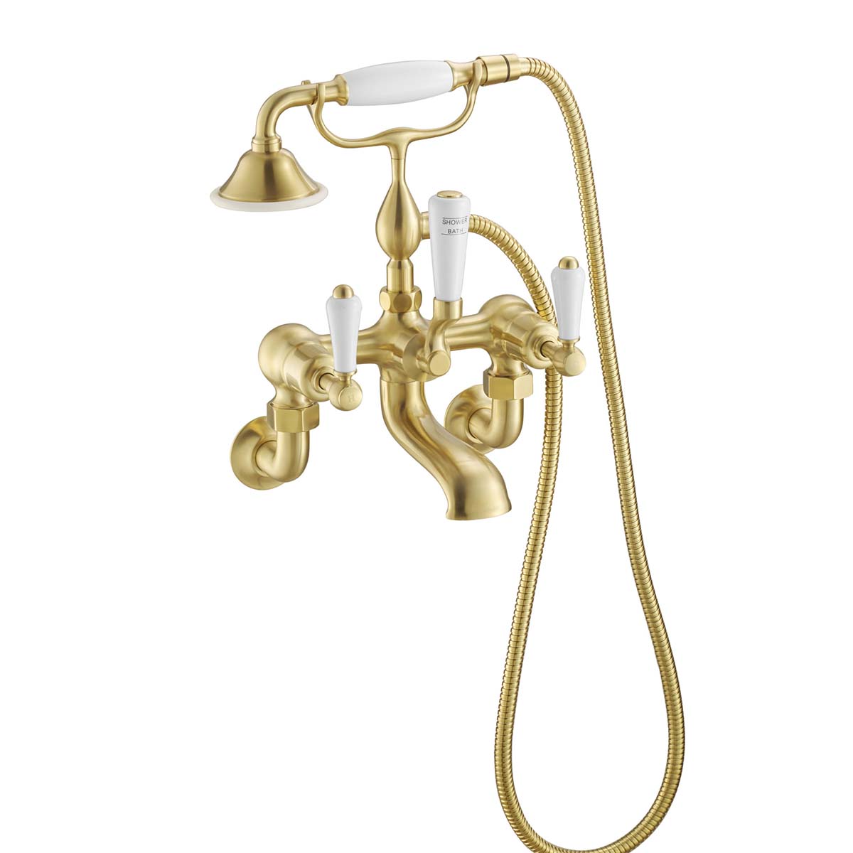 Traditional Wall Mounted Bath Shower Mixer Tap with Kit - Brushed Brass