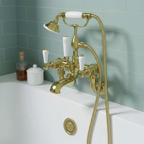 Traditional  Wall Mounted Bath Shower Mixer Tap with Kit - Gold