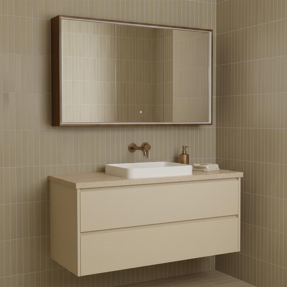 Triple mirror bathroom cabinet with light - bronze