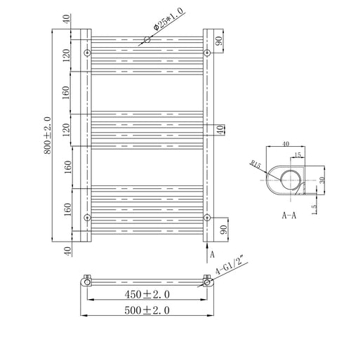 Towel Rail Radiator - 800mm x 500mm- dimension