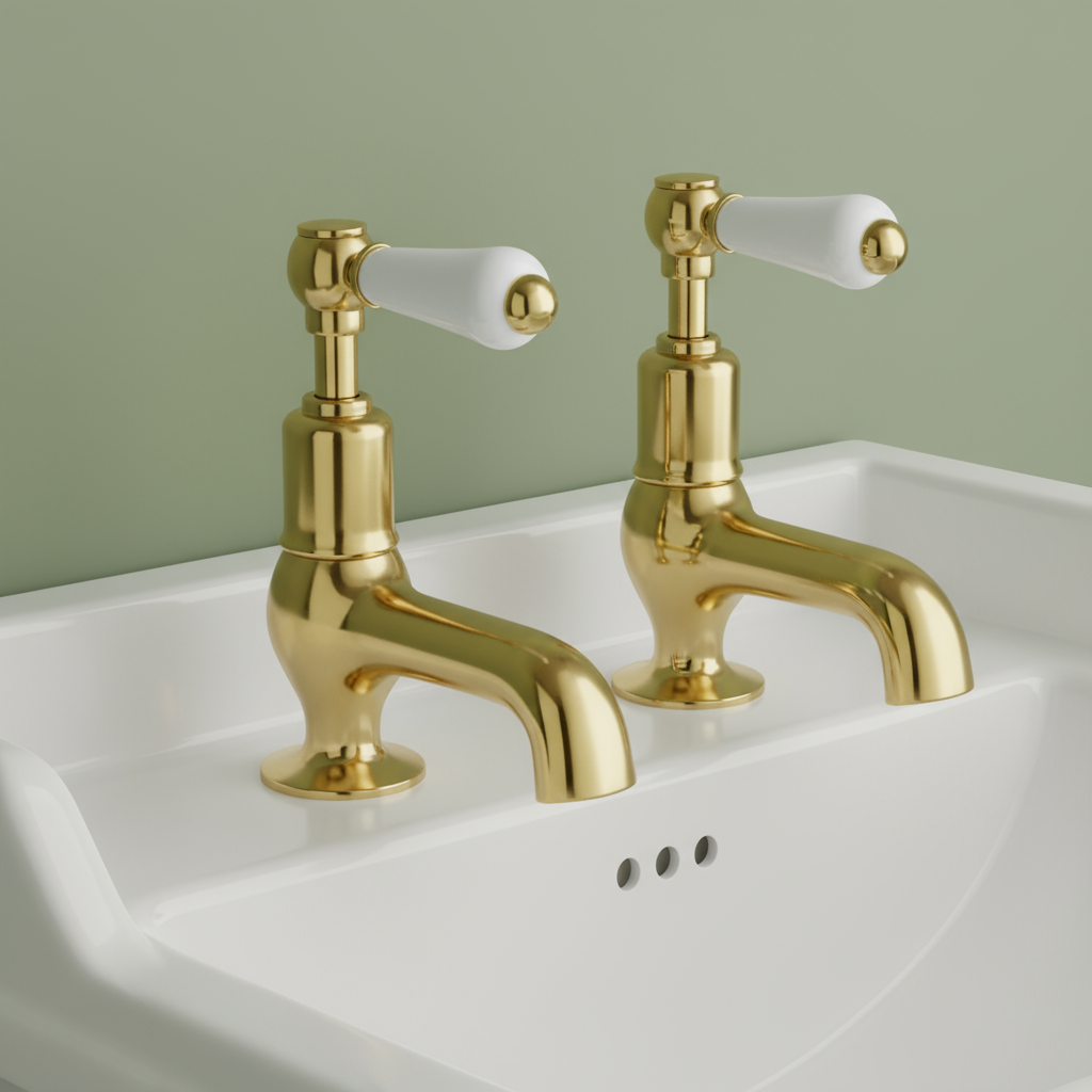 Victorian Gold basin pillar taps with white handles