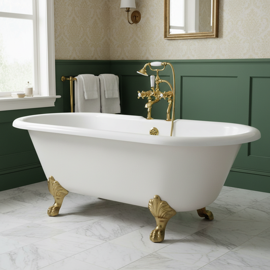 Traditional Deck Mounted Bath Shower Mixer Tap with Kit - Polished Gold