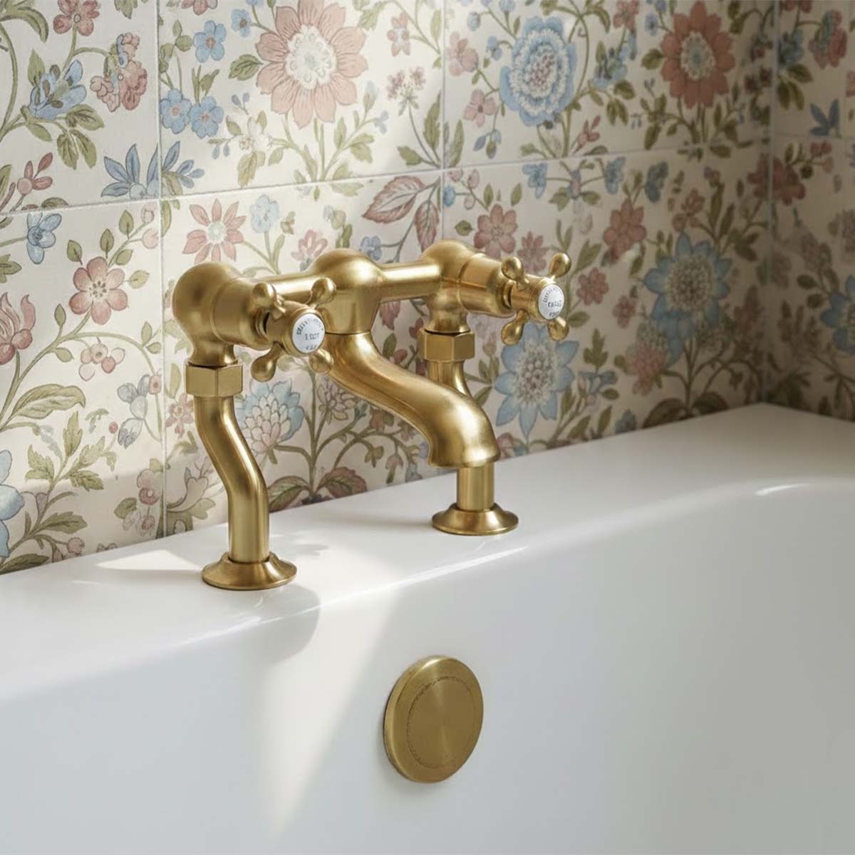 Victorian brushed brass bath filler tap deck mounted