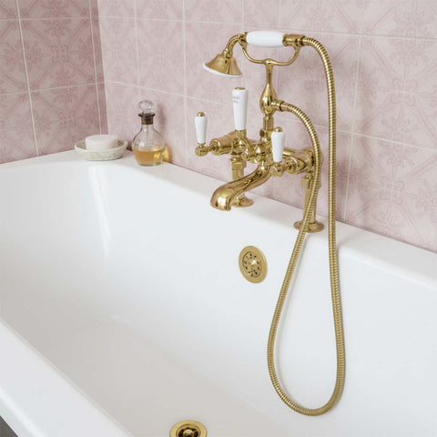 Victorian deck mounted bath mixer lever tap with shower head - gold 