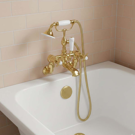 Victorian style wall mounted bath tap with shower - gold 