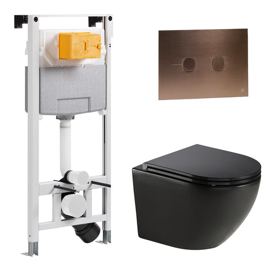 1.2m Wall Hung WC Frame with Cistern & Wortex Matt Black Rimless Toilet with Seat & Bronze Flush Plate