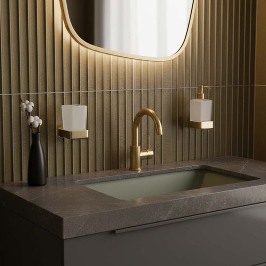 Wall Mounted Square Soap Dispenser and Tumbler with Holder Set - Brushed Brass