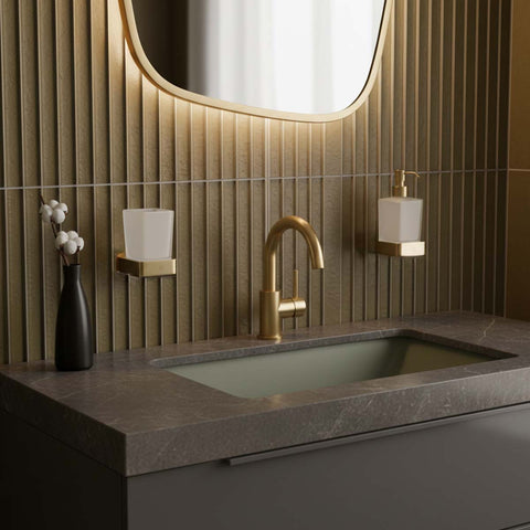 Wall Mounted Square Soap Dispenser and Tumbler with Holder Set - Brushed Brass