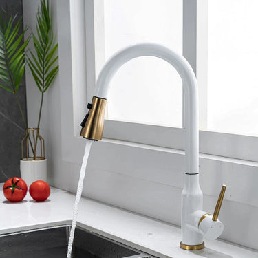 White & Gold Pull-Out Spray Kitchen Tap