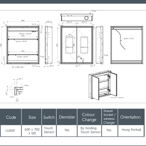bathroom cabinet with double doors, light, demister, charger , shaver socket - bronze frame
