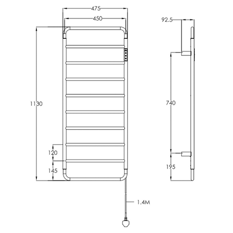 tall electric towel rail with thermostat - Technical drawing