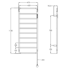 tall electric towel rail with thermostat - Technical drawing