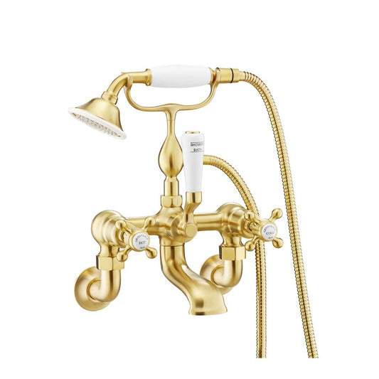traditional bath tap with shower brushed brass