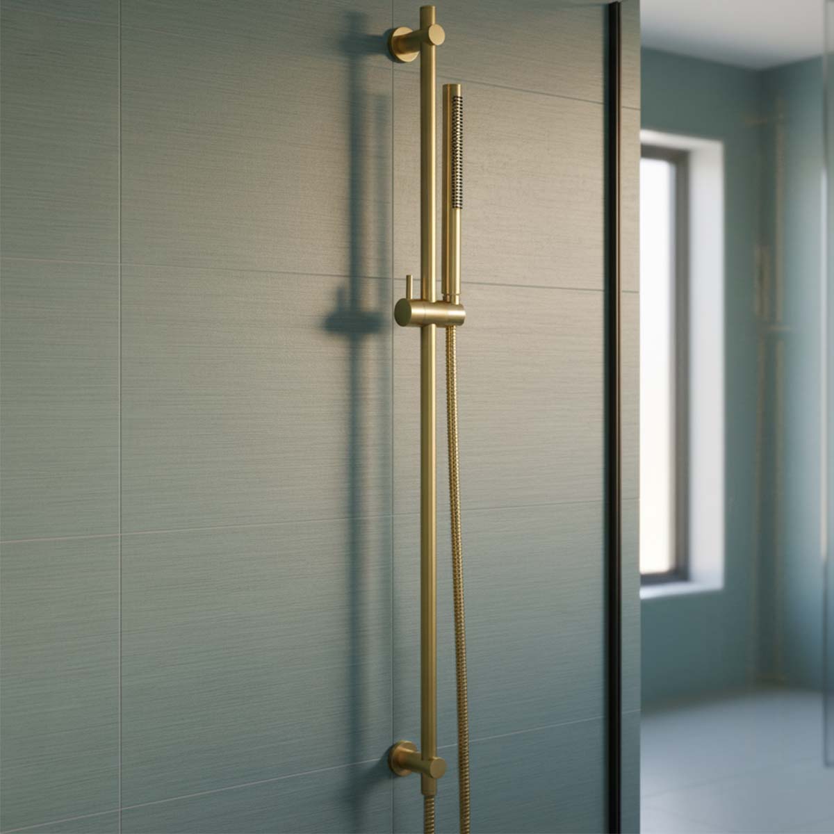 brushed brass shower rail riser with handset