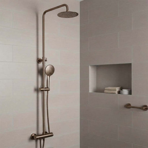 bronze cool touch exposed thermostatic 2 outlet shower valve with round 200mm and handset