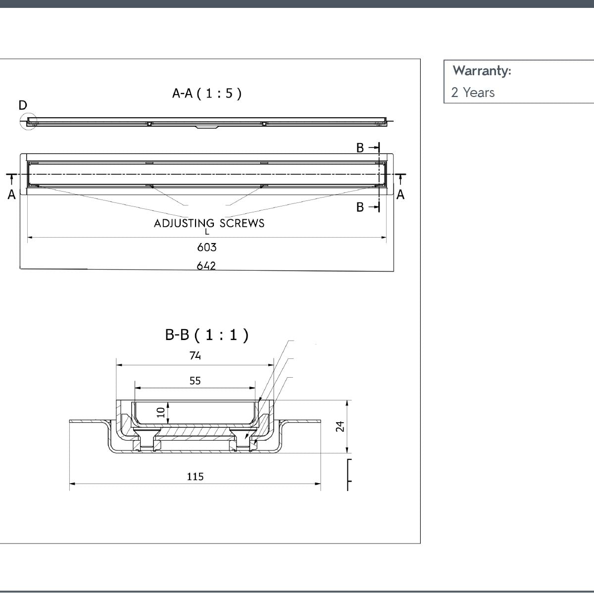 bronze linear shower insert waste 600mm