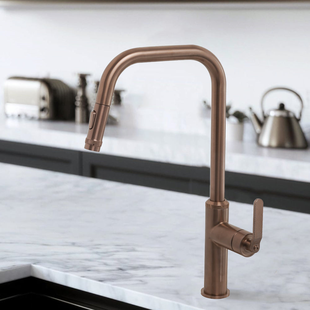 bronze pull out kitchen tap with single lever