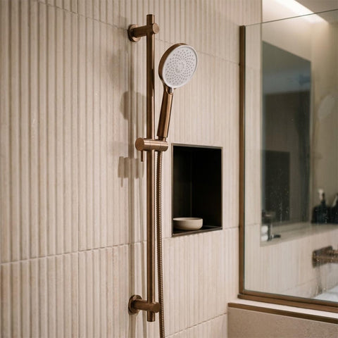 brushd bronze shower riser rail with round handset