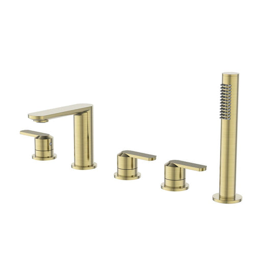 brushed brass 5 tap hole deck mounted bath tap with single function shower handset