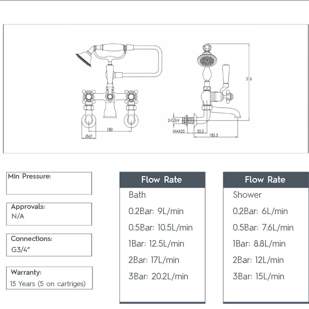 brass bath tap technical drawing