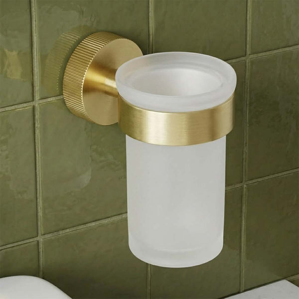 brushed brass bathroom tumbler holder with glass tumbler 